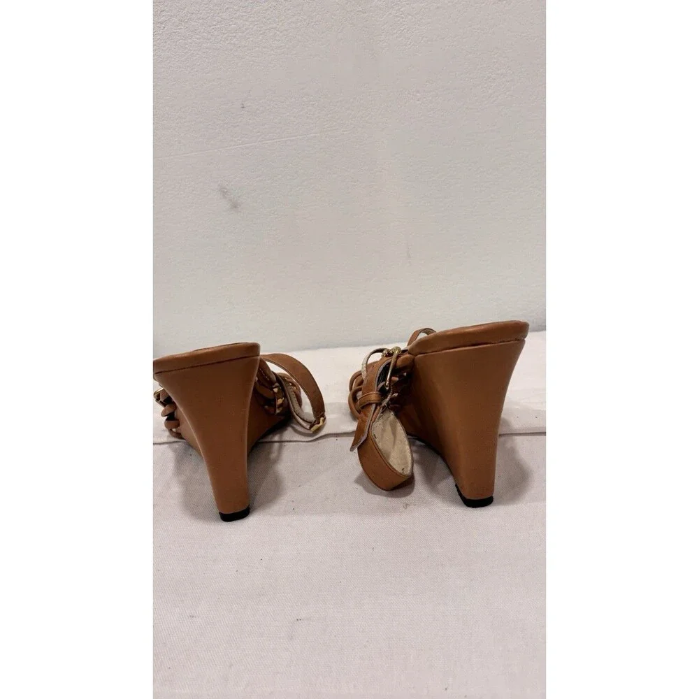Michael Kors Wedge Sandals‎ Size 8 Brown Leather Strappy Gold Accent Heels